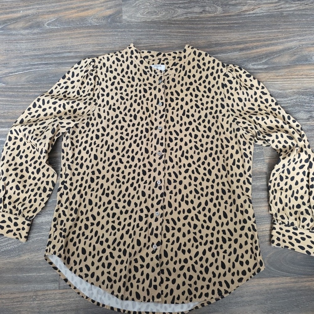 UNTUCKit Dorie Animal Print Band Collar Button Down Shirt Tan Black Womens 14